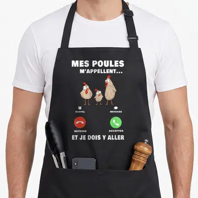 Tablier de cuisine noir avec illustration de trois poules et boutons accepter ou refuser un appel téléphonique en blanc et vert.