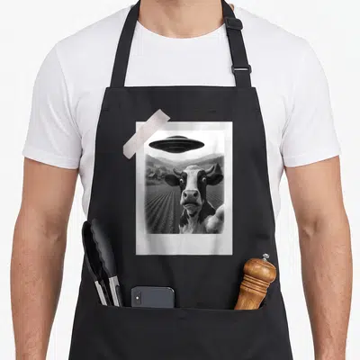 Tablier de cuisine noir avec illustration d'une vache prenant un selfie sous un vaisseau spatial au-dessus d'un champ.