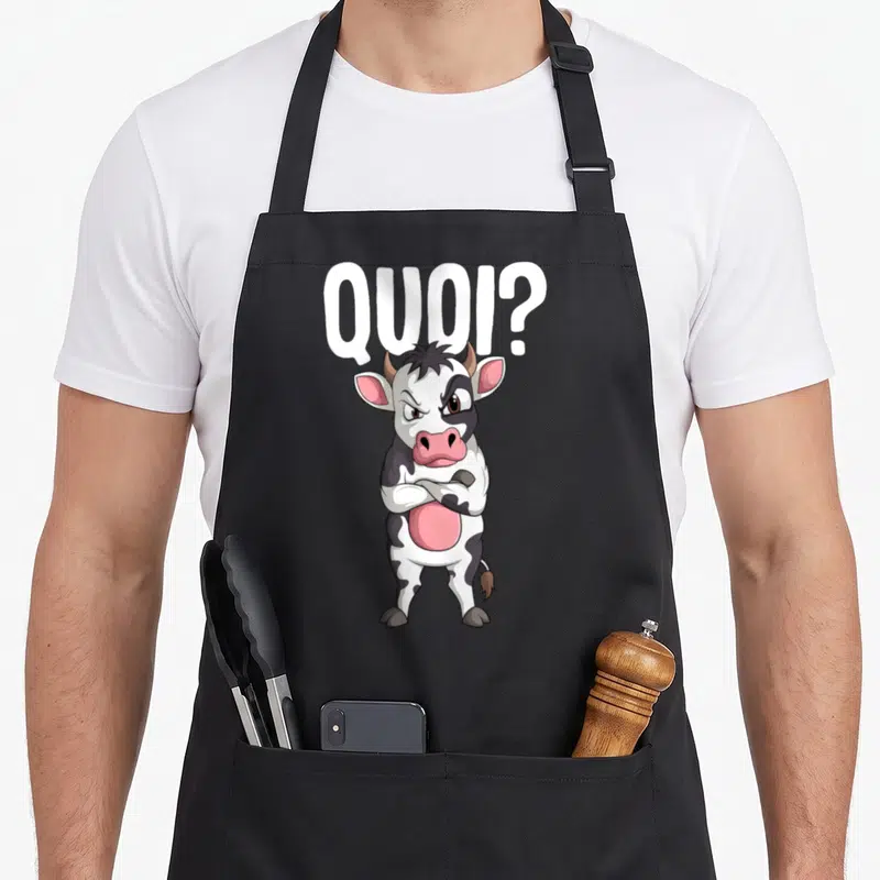 Tablier de cuisine noir avec une vache cartoon aux bras croisés et le mot Quoi en lettres blanches au-dessus.