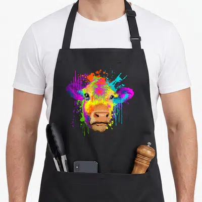 Tablier de cuisine noir avec une tête de vache aux couleurs vives style splash art et éclaboussures multicolores.