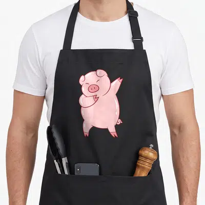 Tablier de cuisine noir avec illustration d'un cochon rose mignon effectuant un mouvement de danse moderne.