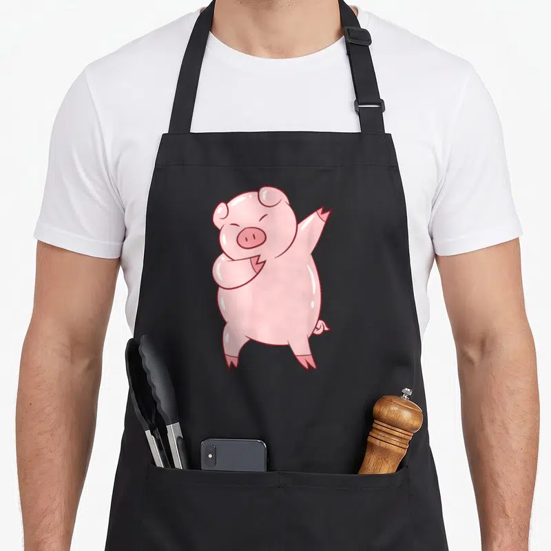 Tablier de cuisine noir avec illustration d'un cochon rose mignon effectuant un mouvement de danse moderne.