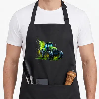 Tablier de cuisine noir avec illustration colorée d'un tracteur Deutz vert et jaune en mouvement sur fond uni.