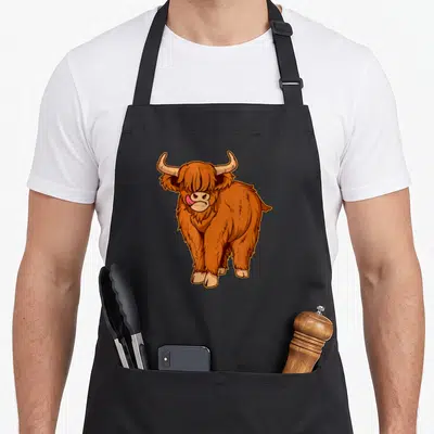 Tablier de cuisine noir avec une illustration colorée d'une vache des hautes terres écossaise rousse aux cornes et à la langue rose sortant.
