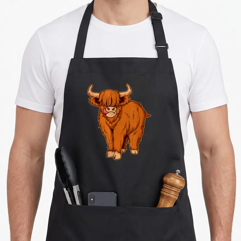 Tablier de cuisine noir avec une illustration colorée d'une vache des hautes terres écossaise rousse aux cornes et à la langue rose sortant.