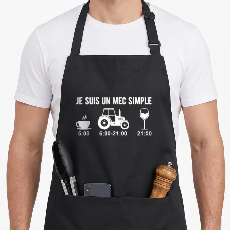 Tablier de cuisine noir avec inscription Je suis un mec simple et icônes blanc café tracteur verre à vin