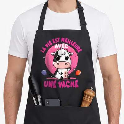 Tablier de cuisine noir avec une illustration de vache mignonne et le texte la vie est meilleure avec une vache en lettres roses.