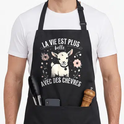 Tablier de cuisine noir avec illustration d'un jeune chevron blanc et des fleurs roses pastel.