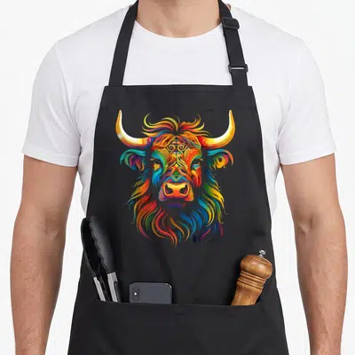Tablier de cuisine noir avec tête de taureau abstraite multicolore aux motifs géométriques et lignes ondulées.