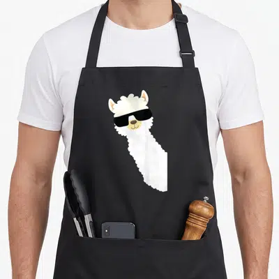 Tablier de cuisine noir avec illustration d'un alpaga blanc aux lunettes noires