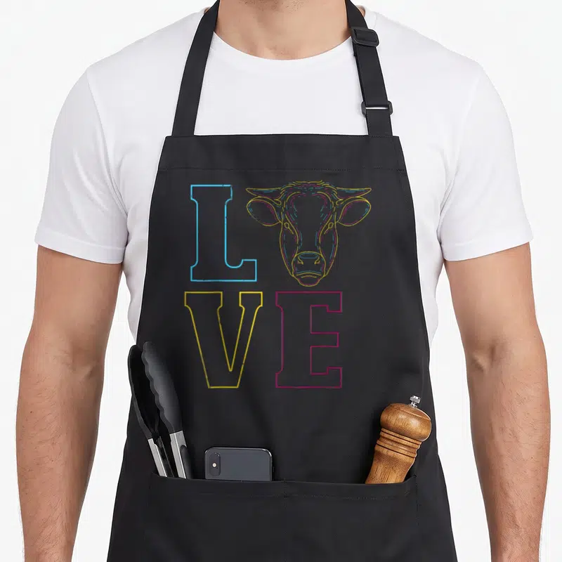 Tablier de cuisine noir avec une illustration colorée du mot LOVE et un visage de vache au style graphique.