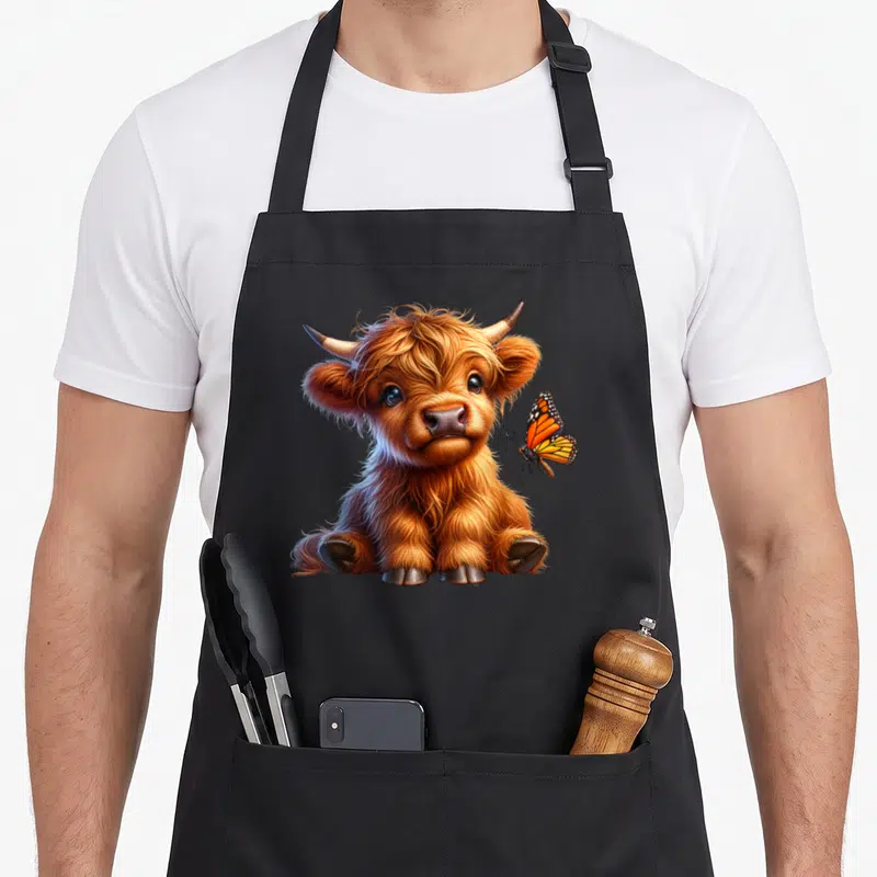 Tablier de cuisine noir avec un jeune bovin des Highlands aux longs poils roux et un papillon orange posé sur le côté.