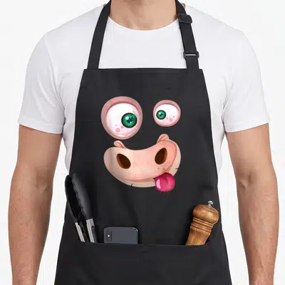 Tablier de cuisine noir avec une illustration de vache aux yeux verts et langue rose saillante.