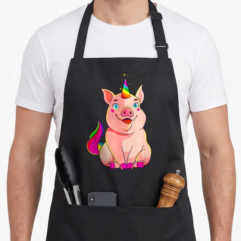 Tablier de cuisine noir avec illustration colorée d'un cochon licorne souriant à la corne arc-en-ciel et à la queue multicolore.