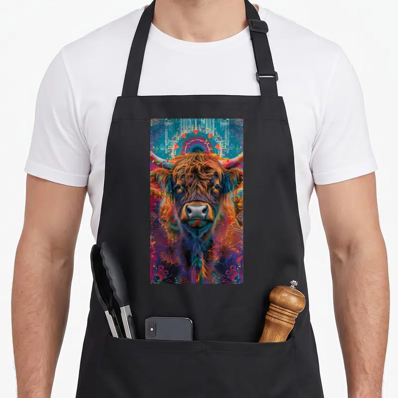 Tablier de cuisine noir avec portrait psychédélique de vache Highland aux couleurs vibrantes et motifs floraux.