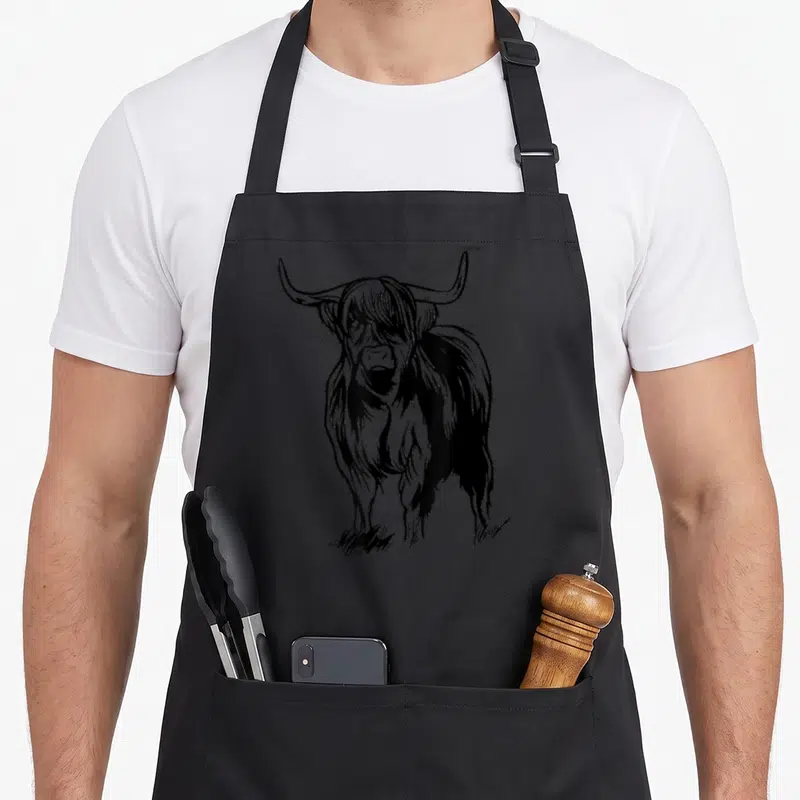 Tablier de cuisine noir avec illustration d'une vache écossaise Highland aux longs cheveux et grandes cornes.