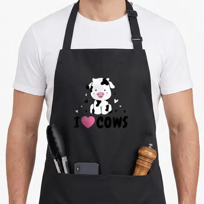 Tablier de cuisine noir avec une vache dessinée et le texte I love cows en lettres noires et cœur rose.