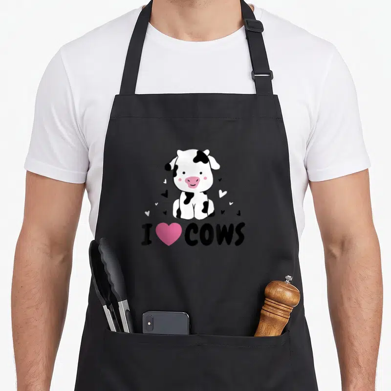 Tablier de cuisine noir avec une vache dessinée et le texte I love cows en lettres noires et cœur rose.