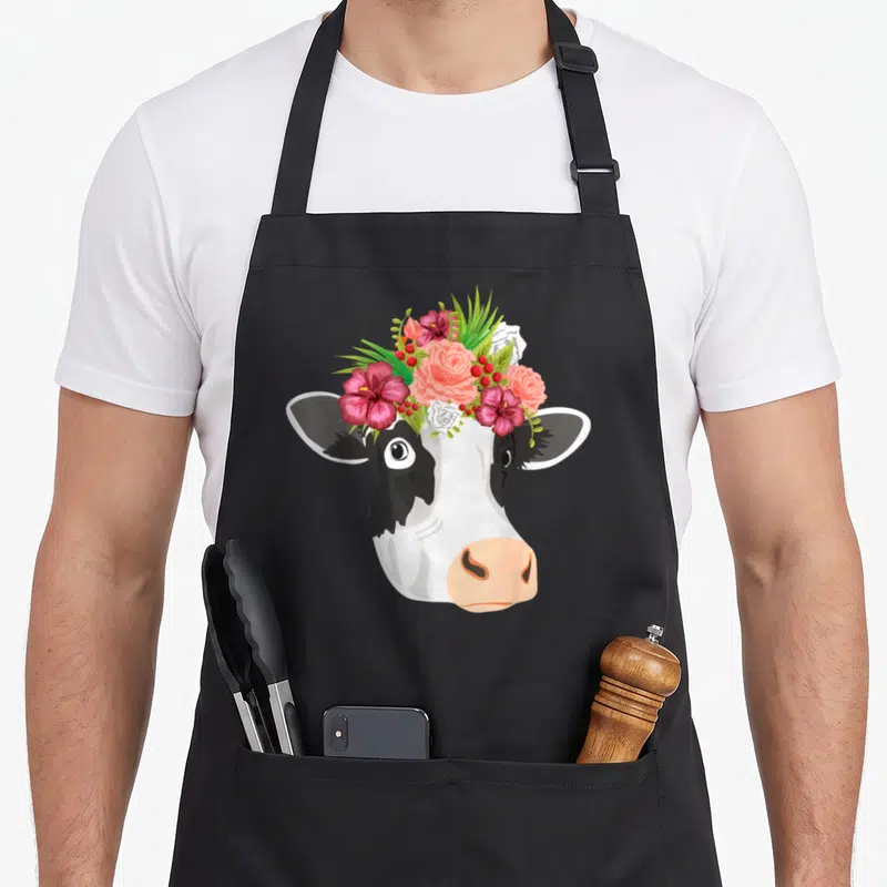 Tablier de cuisine noir avec tête de vache coiffée de roses roses et d'hibiscus magenta.