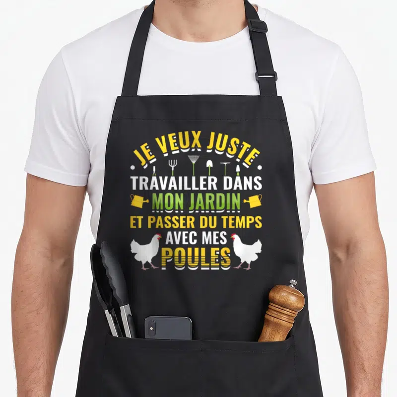 Tablier de cuisine noir avec inscription Je veux juste travailler dans mon jardin et passer du temps avec mes poules et des illustrations de poules blanches.