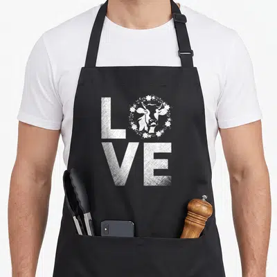Tablier de cuisine noir avec l'inscription blanche LOVE et une tête de vache dans un cercle de fleurs au lieu du O.