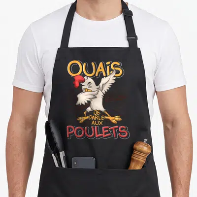 Tablier de cuisine noir avec illustration d'un poulet blanc criant OUAIS JE PARLE AUX POULETS sur fond de ferme.