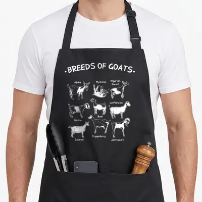 Tablier de cuisine noir avec illustrations blanches de neuf races de chèvres et leurs noms respectifs.
