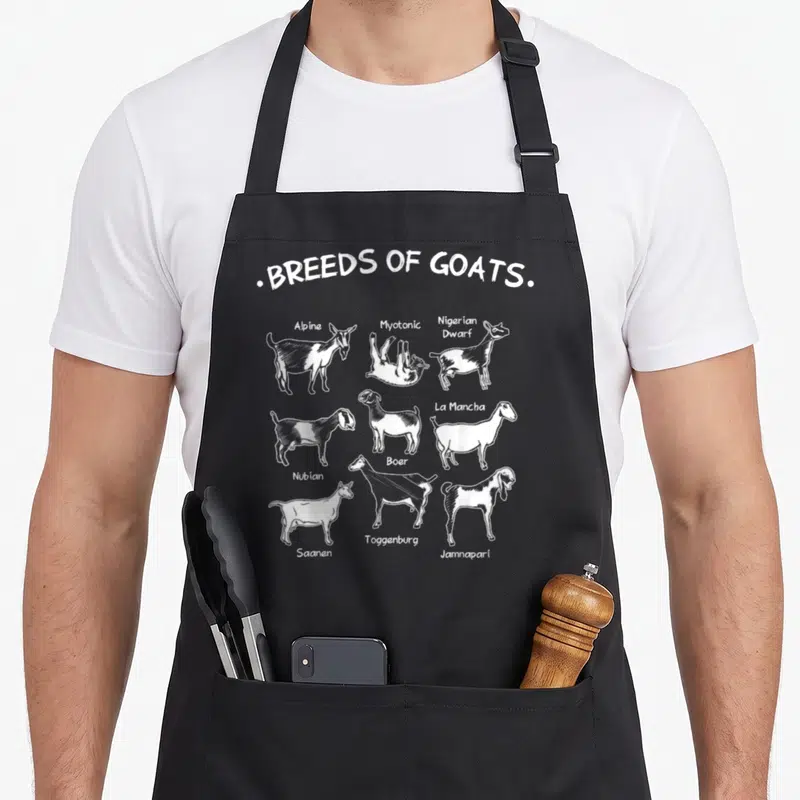 Tablier de cuisine noir avec illustrations blanches de neuf races de chèvres et leurs noms respectifs.