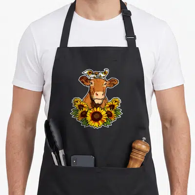 Tablier de cuisine noir avec illustration d'une vache entourée de fleurs de tournesol et d'un foulard floral sur la tête.