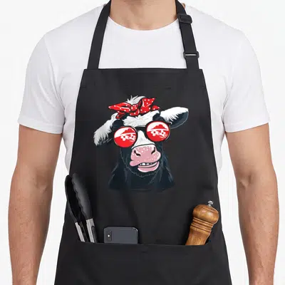 Tablier de cuisine noir avec une vache femme fermier aux lunettes roses et nœud rouge.