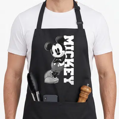 Tablier de cuisine noir avec illustration monochrome de Mickey adossé et texte vertical MICKEY en blanc à côté.