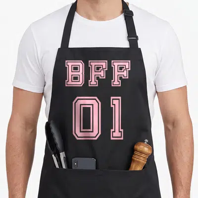 Tablier de cuisine noir avec inscription BFF 01 en rose style sportif vintage