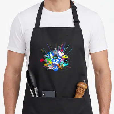 Tablier de cuisine noir avec Astrobot et ses amis robotiques entourés de rayons lumineux colorés.