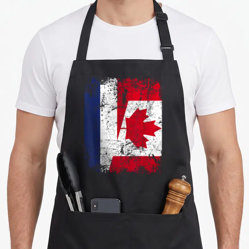 Tablier de cuisine noir avec un drapeau stylisé combinant les couleurs du Canada et de la France dans un effet vieilli.