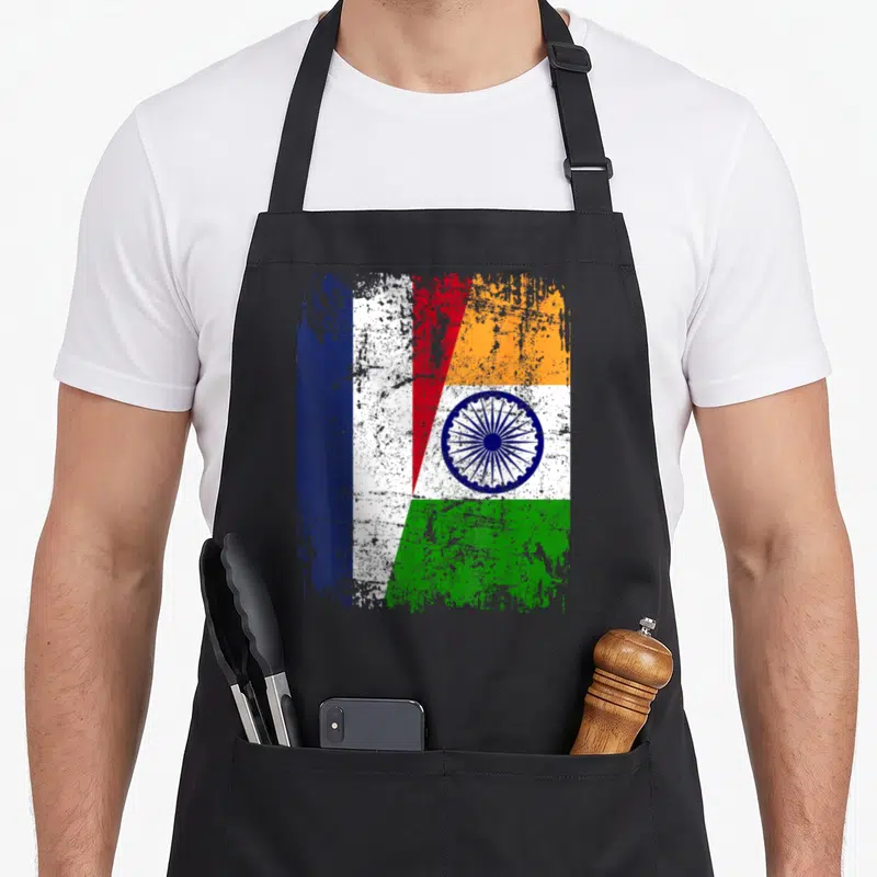Tablier de cuisine noir avec un drapeau combinant les couleurs de l'Inde et de la France en style grunge.