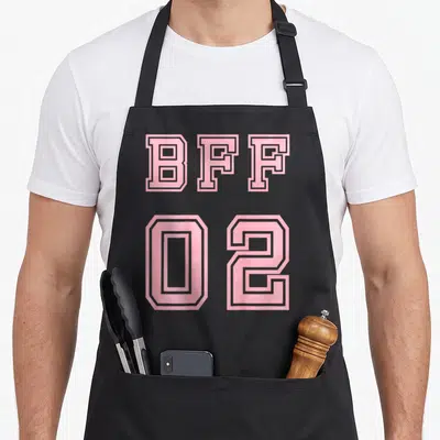 Tablier de cuisine noir avec l'inscription BFF 02 en rose style maillot de sport.