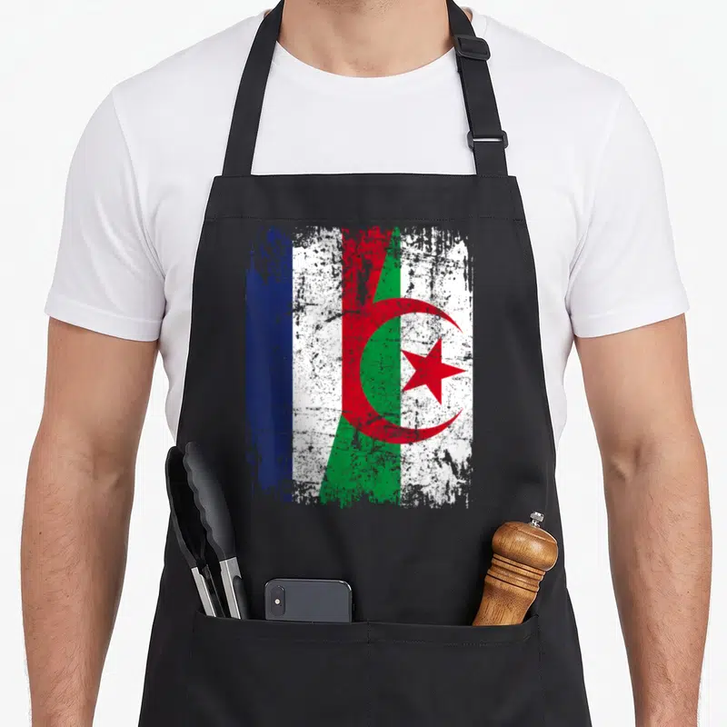 Tablier de cuisine noir avec un drapeau de l'amitié Algérie France en style vintage et délavé.