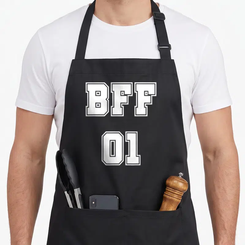Tablier de cuisine noir avec l'inscription BFF 01 en lettres blanches style sportif.