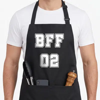 Tablier de cuisine noir avec inscription blanche BFF 02 en typographie sportive stylisée.
