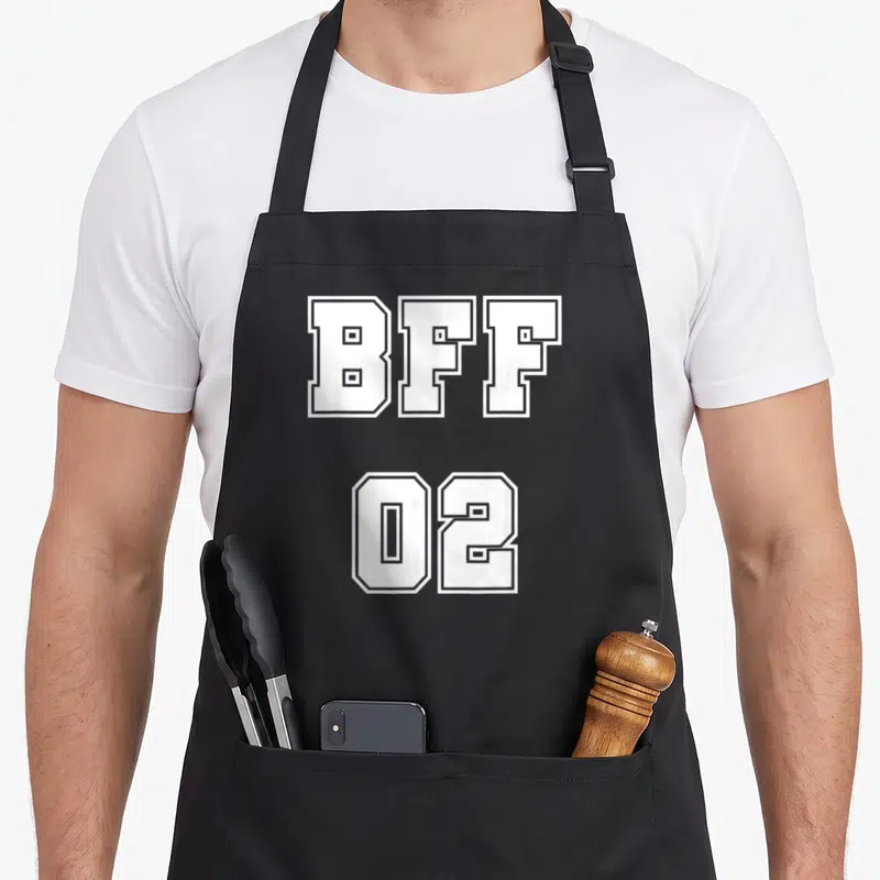 Tablier de cuisine noir avec inscription blanche BFF 02 en typographie sportive stylisée.