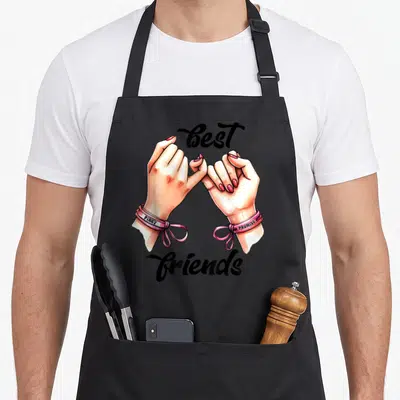 Tablier de cuisine noir avec deux mains en signe de promise et texte best friends