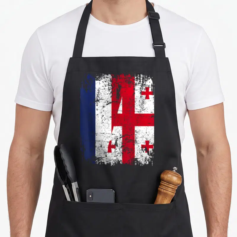 Tablier de cuisine noir avec un drapeau combinant les couleurs de la Géorgie et de la France en style vintage.