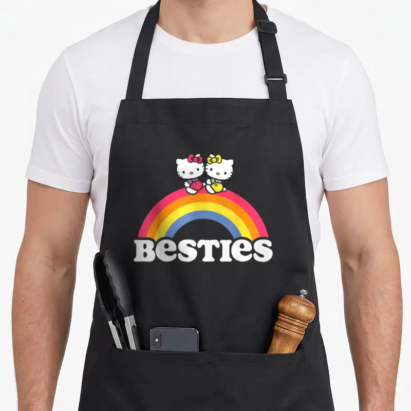 Tablier de cuisine noir avec deux Hello Kitty sur un arc-en-ciel et le mot Besties en blanc.