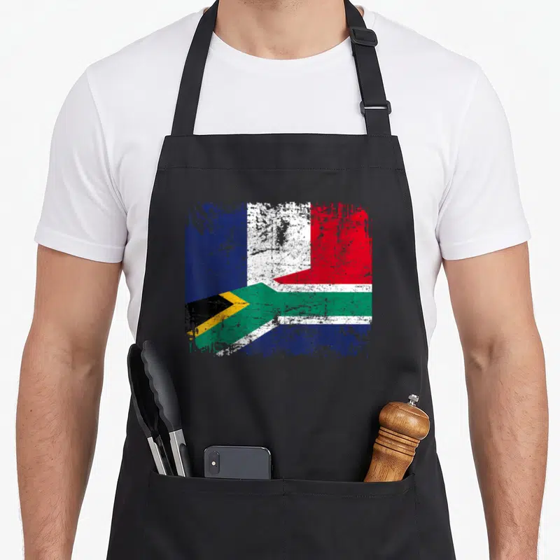 Tablier de cuisine noir avec un drapeau combinant les couleurs de la France et de l'Afrique du Sud dans un style vieilli.
