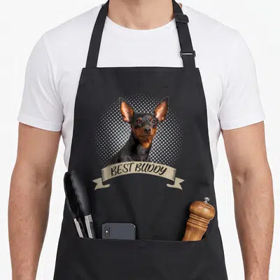 Tablier de cuisine noir avec illustration Pinscher nain et banderole Best Buddy beige