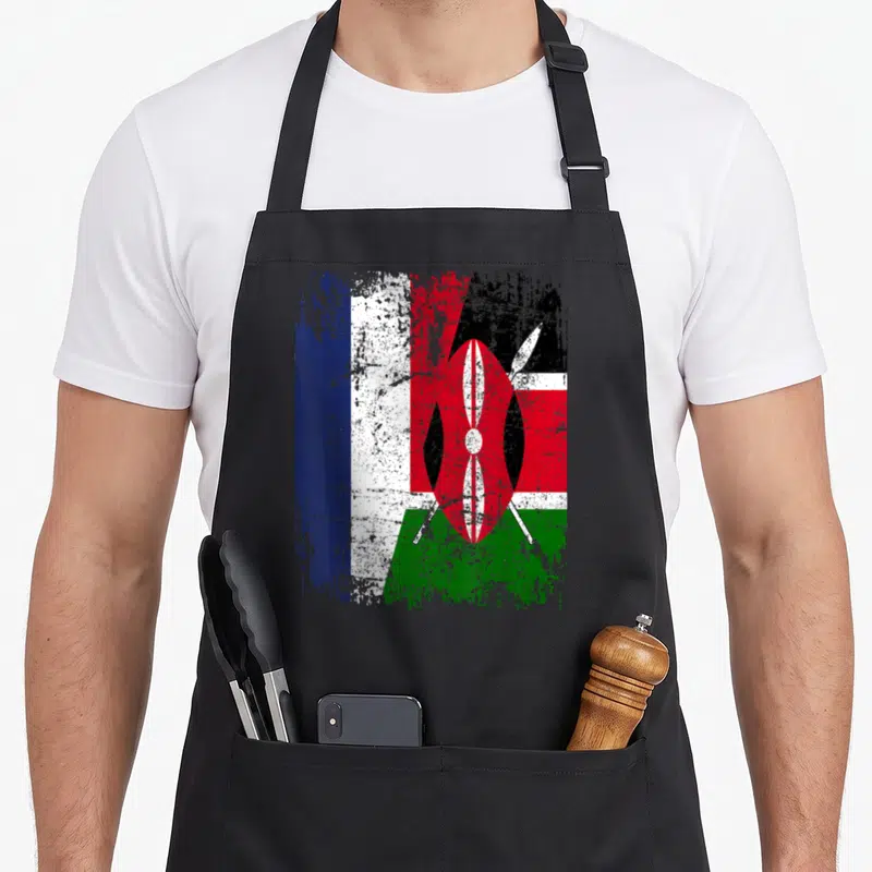 Tablier de cuisine noir avec un drapeau stylisé Kenya France aux couleurs vives et effet vieilli.
