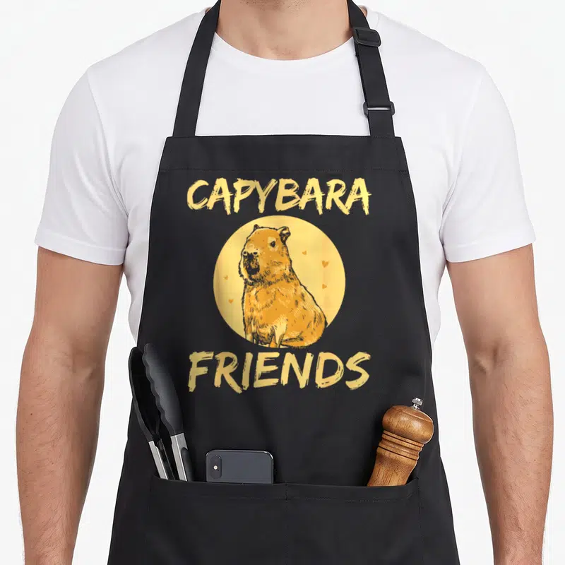 Tablier de cuisine noir avec illustration de capybara jaune et texte CAPYBARA FRIENDS