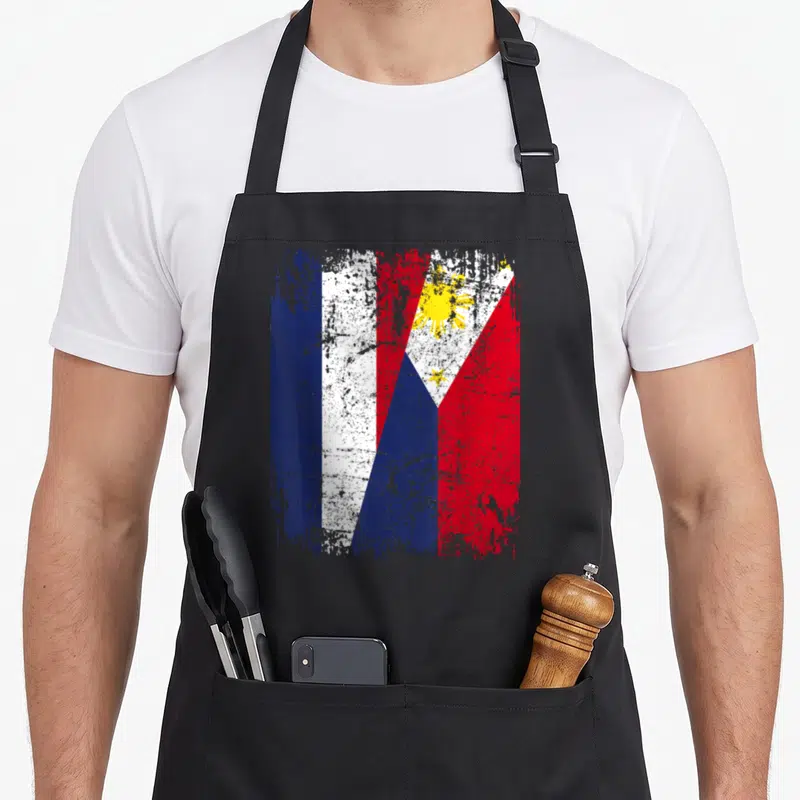 Tablier de cuisine noir avec un drapeau de l'amitié Philippines France en style vintage délavé et texturé.