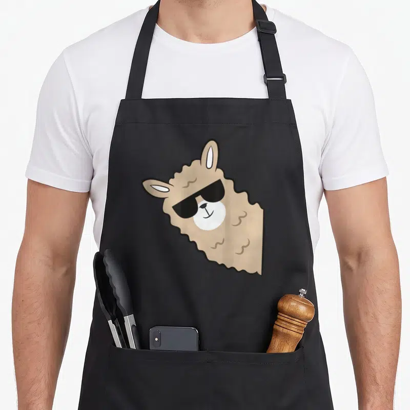 Tablier de cuisine noir avec un drôle de lama mignon aux lunettes de soleil noires et une expression souriante.