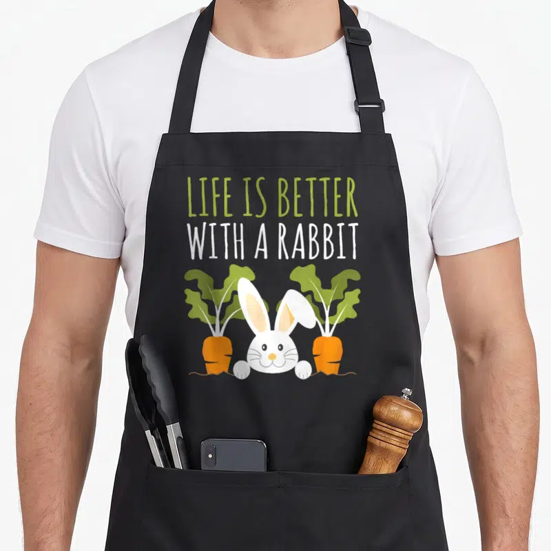 Tablier de cuisine noir avec un lapin blanc souriant entre deux carottes et le texte Life Is Better With A Rabbit en vert et blanc.
